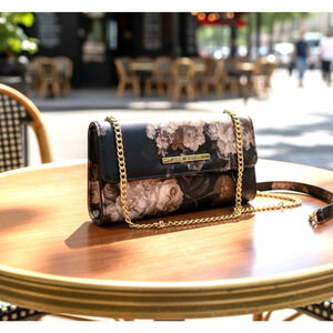 Steve Madden Floral Clutch Crossbody Wallet Gold Chain Black Brown Removable